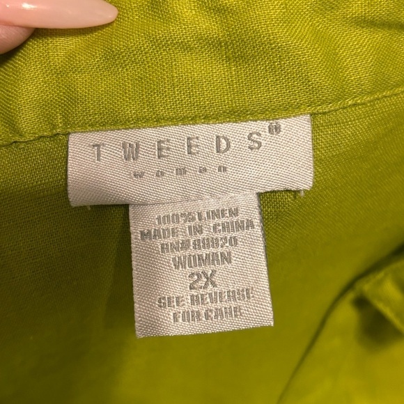 Tweeds lime green linen 2X short sleeve button down - Picture 3 of 6